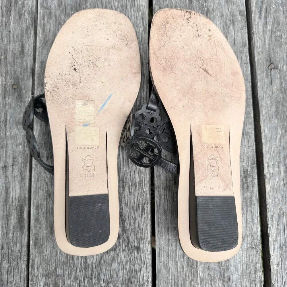 Tory Burch Tiny Mini Miller Sandals Thong Leather Flats Size 10 Black EUC